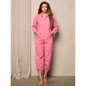 5B Solid Zip Up Long Sleeve Denim Jumpsuits With Pocket